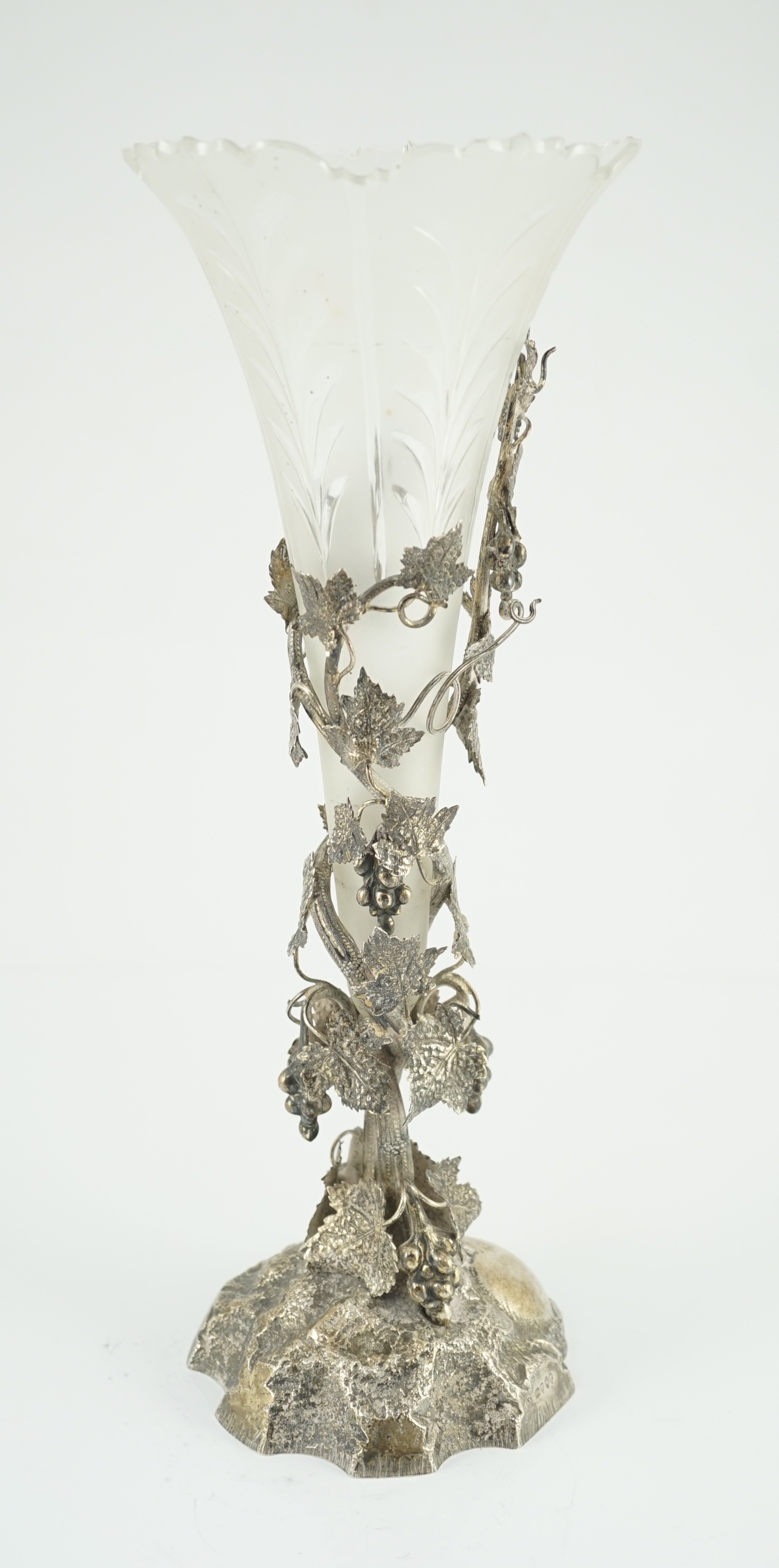 A late Victorian silver centrepiece, with frosted glass trumpet shaped insert, by Cornelius Joshua Vander